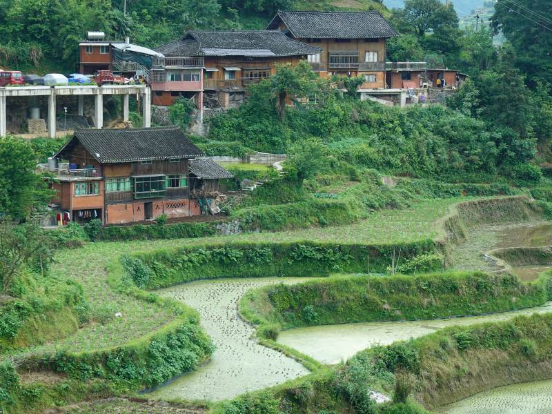 梯田环绕山间古村落图片