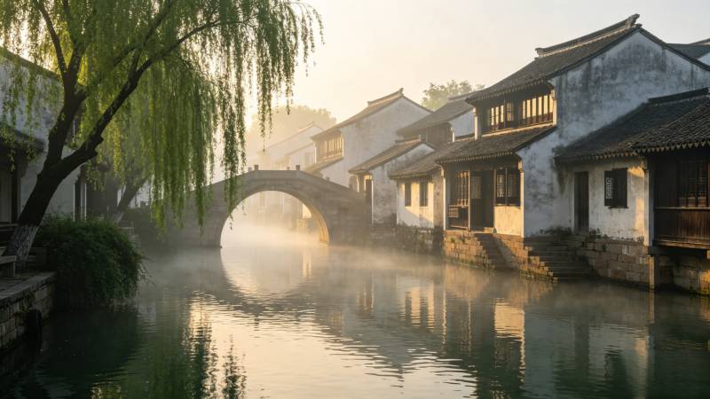 晨雾古桥 水乡静谧图片