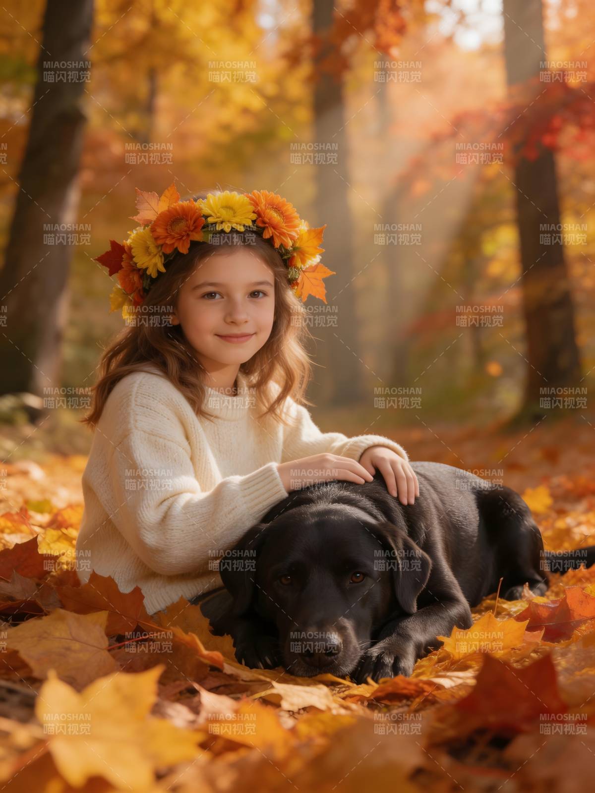 秋日花环少女与黑犬相伴图片