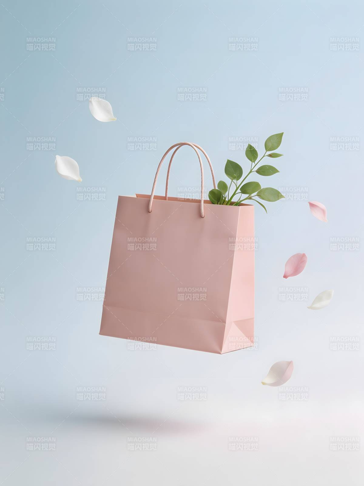 粉色购物袋飘花叶图片