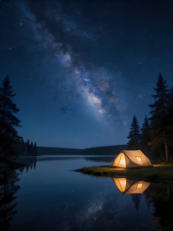 星空下的湖畔帐篷夜图片
