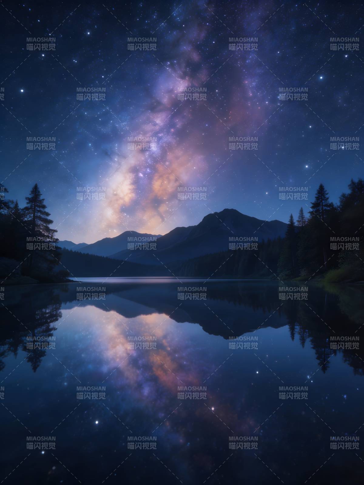 星空倒映湖山夜图片