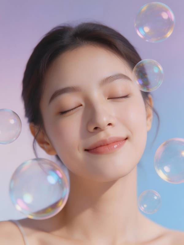 泡泡环绕 闭眼微笑少女图片