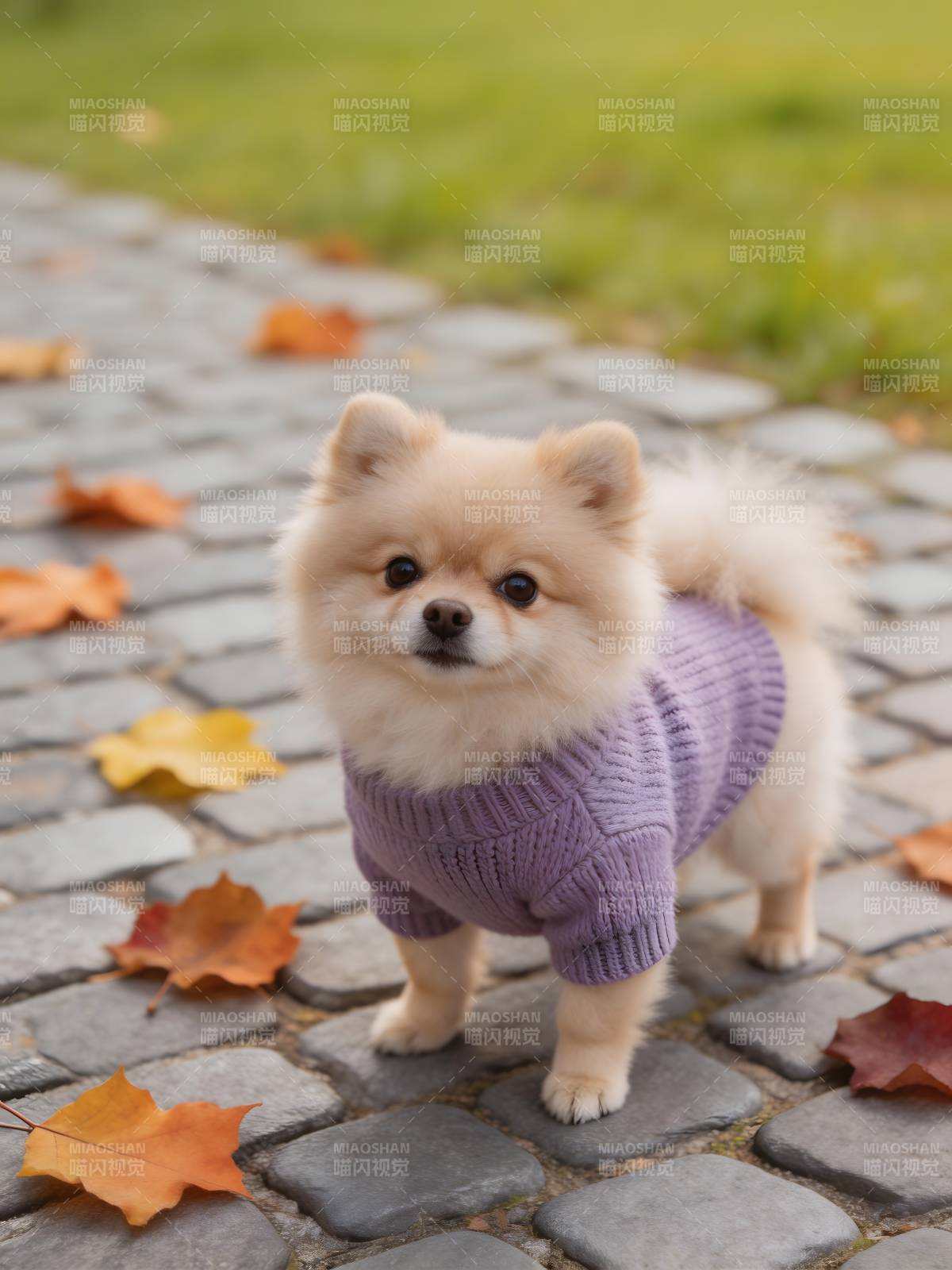 紫衣萌犬踏秋径图片