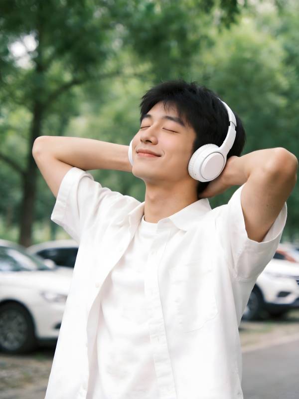 戴耳机听歌的白衣少年图片