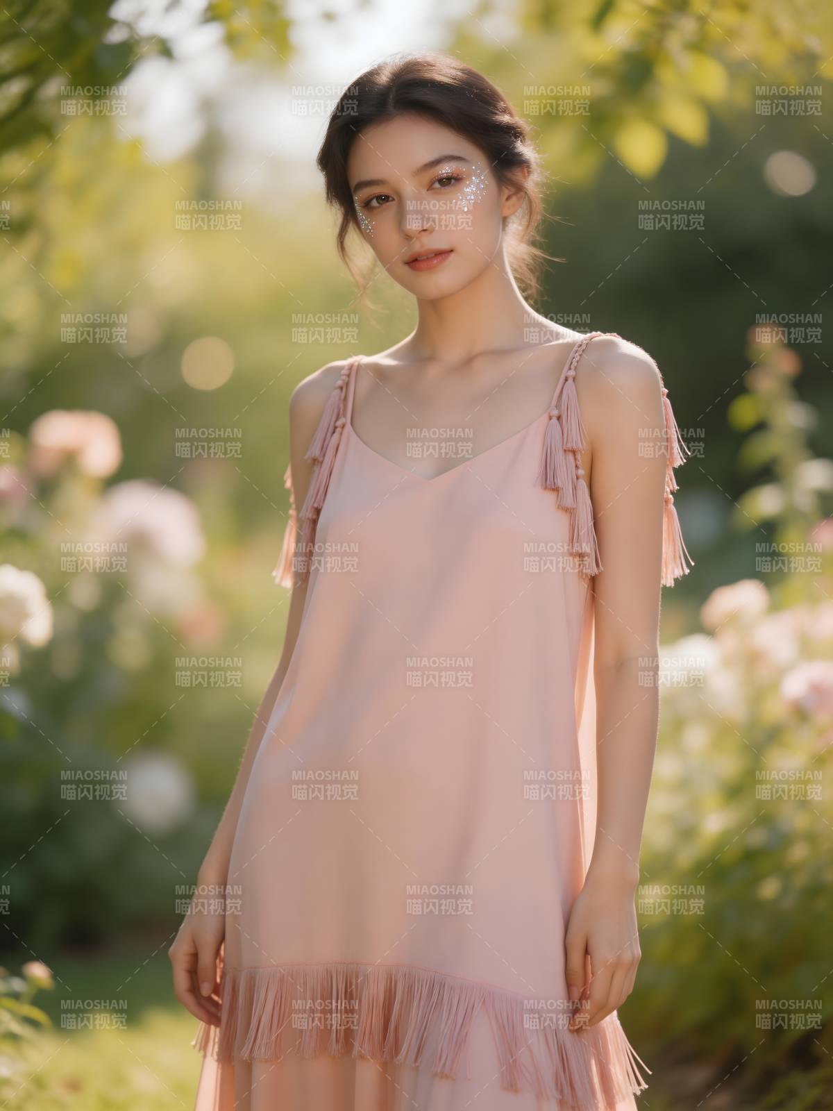 粉裙少女 花间流光溢彩图片