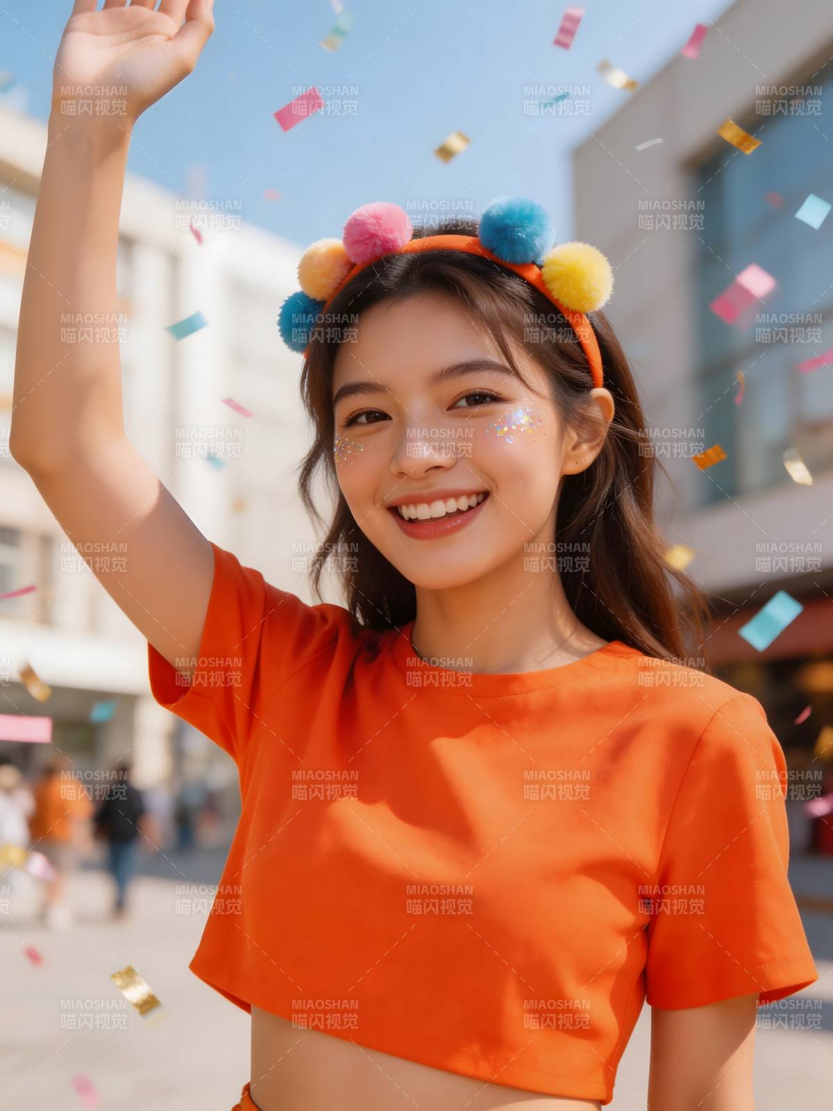 彩球发箍少女挥手迎庆典图片