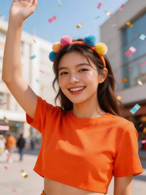 彩球发箍少女挥手迎庆典图片
