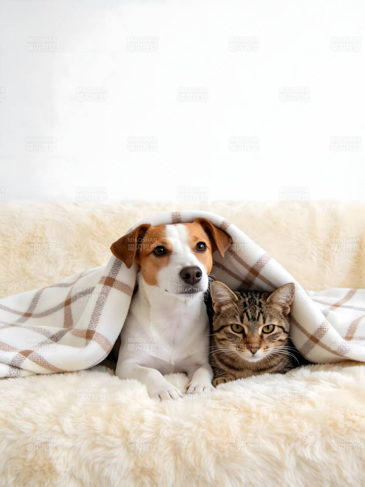 猫狗同毯 温馨依偎图片
