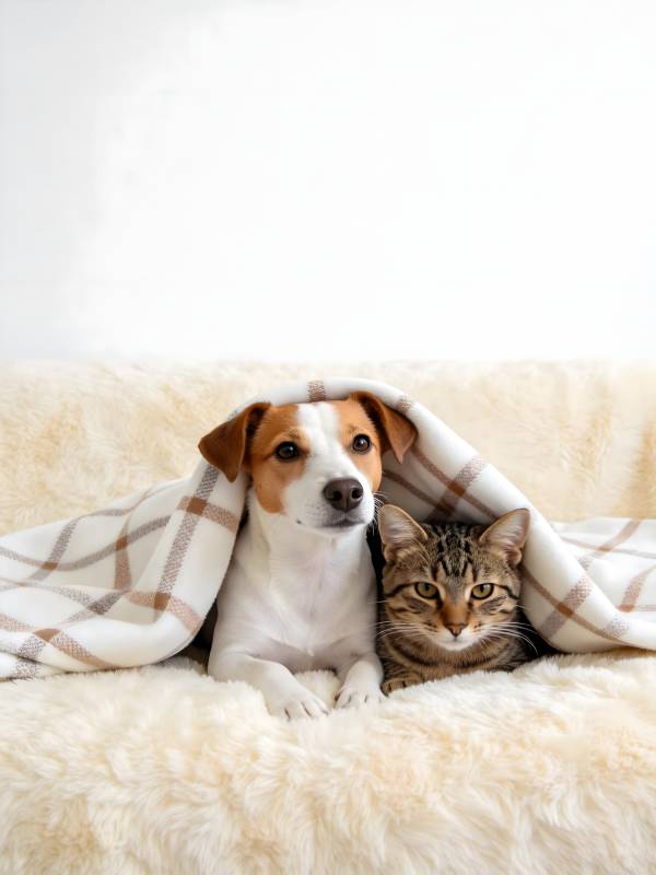 猫狗同毯 温馨依偎图片