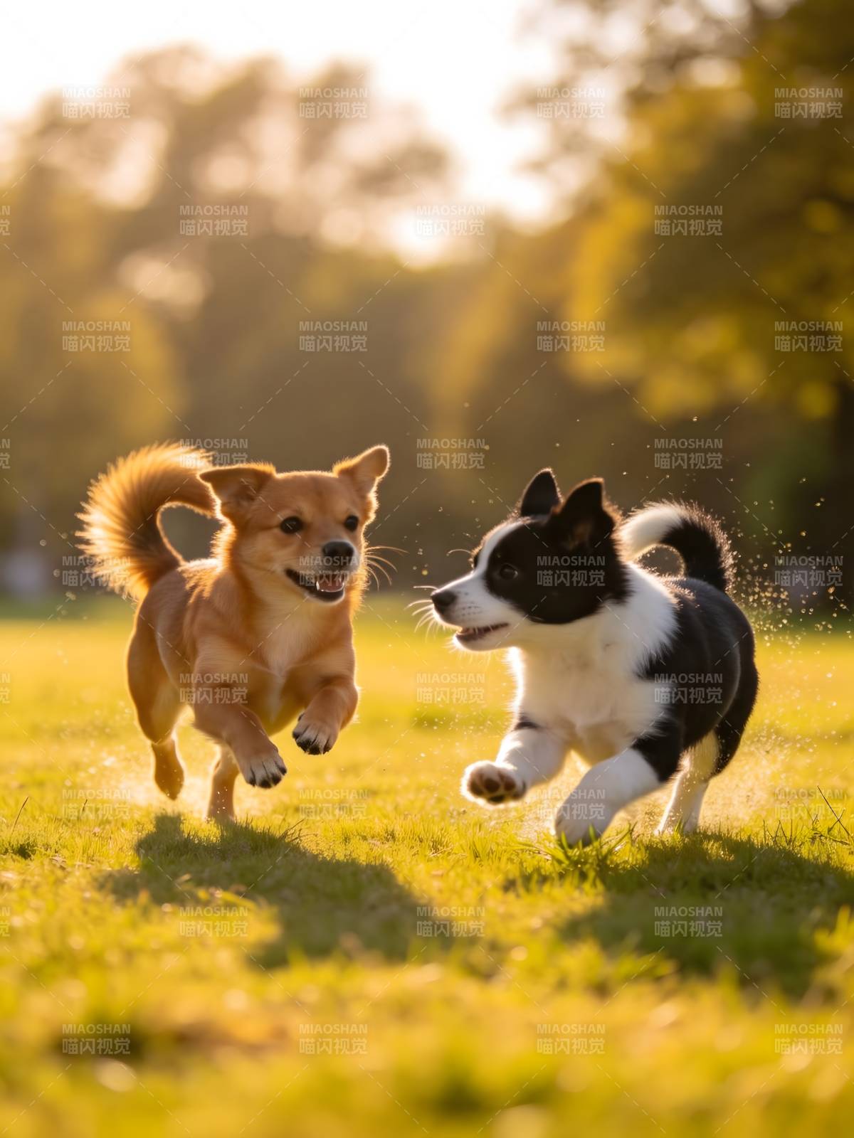 夕阳下双犬嬉戏奔跑图片