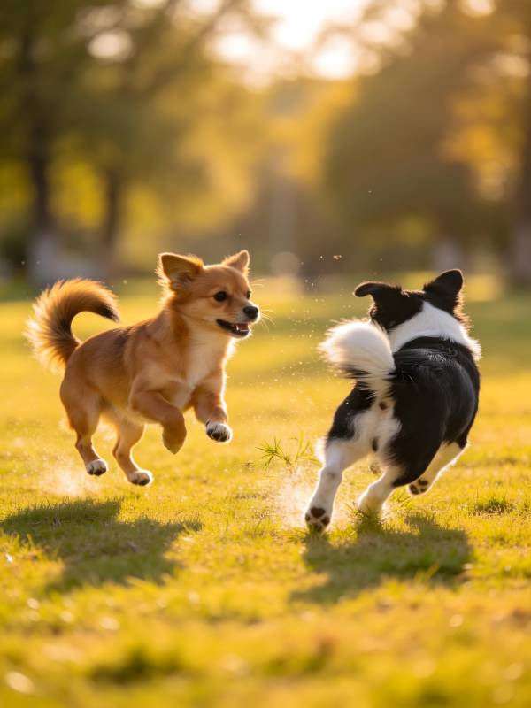 夕阳下双犬嬉戏追跑图片