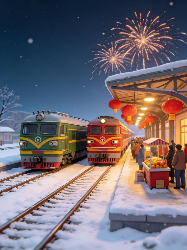雪夜站台烟花迎新春图片