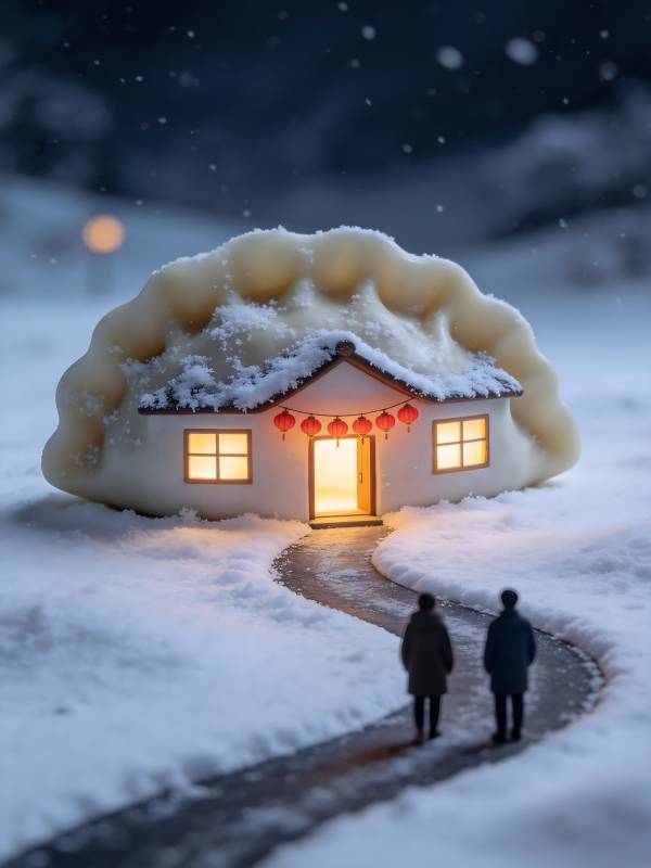 雪夜饺屋 归人踏雪行图片
