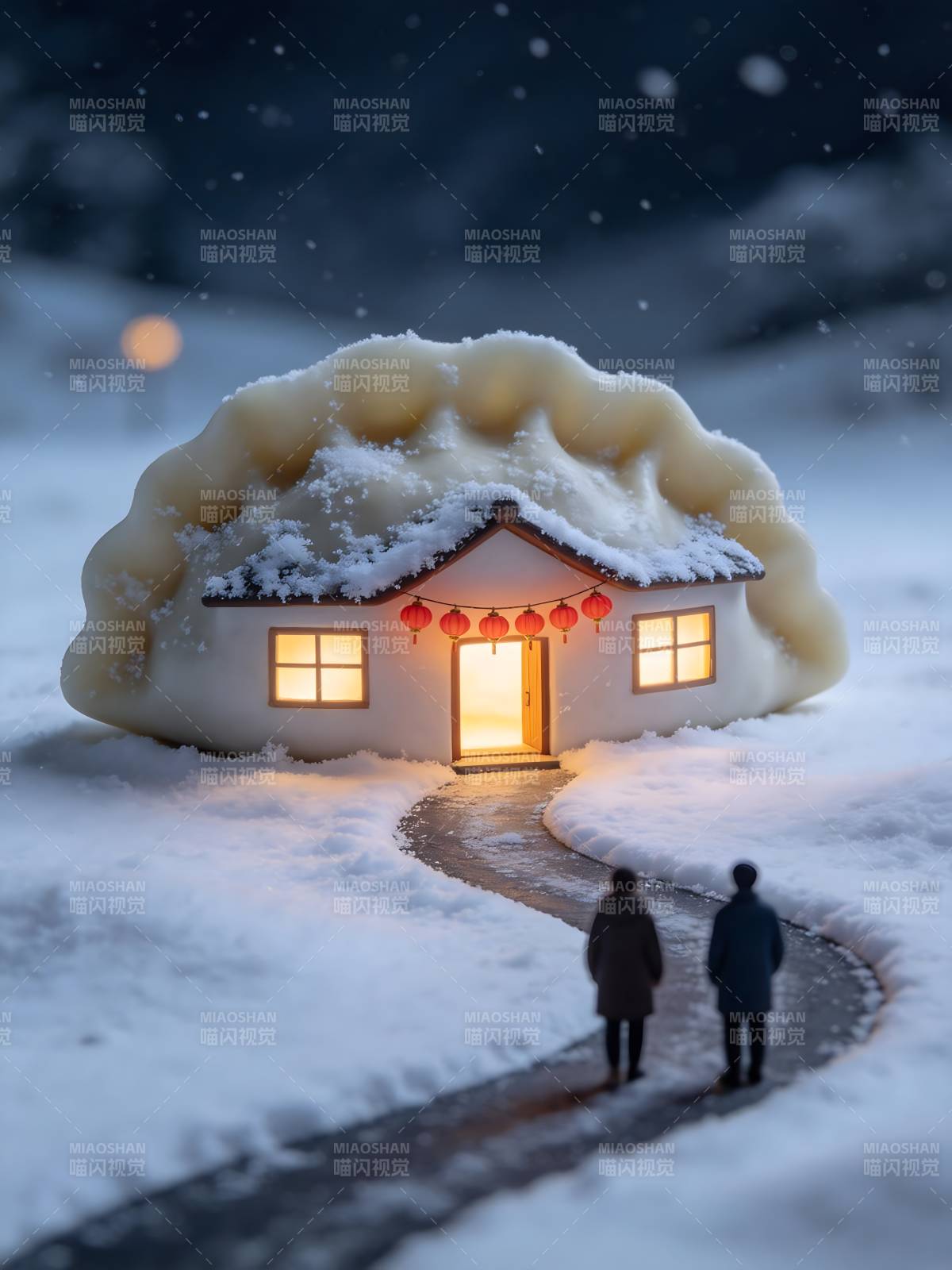 雪夜饺屋 归人踏雪行图片