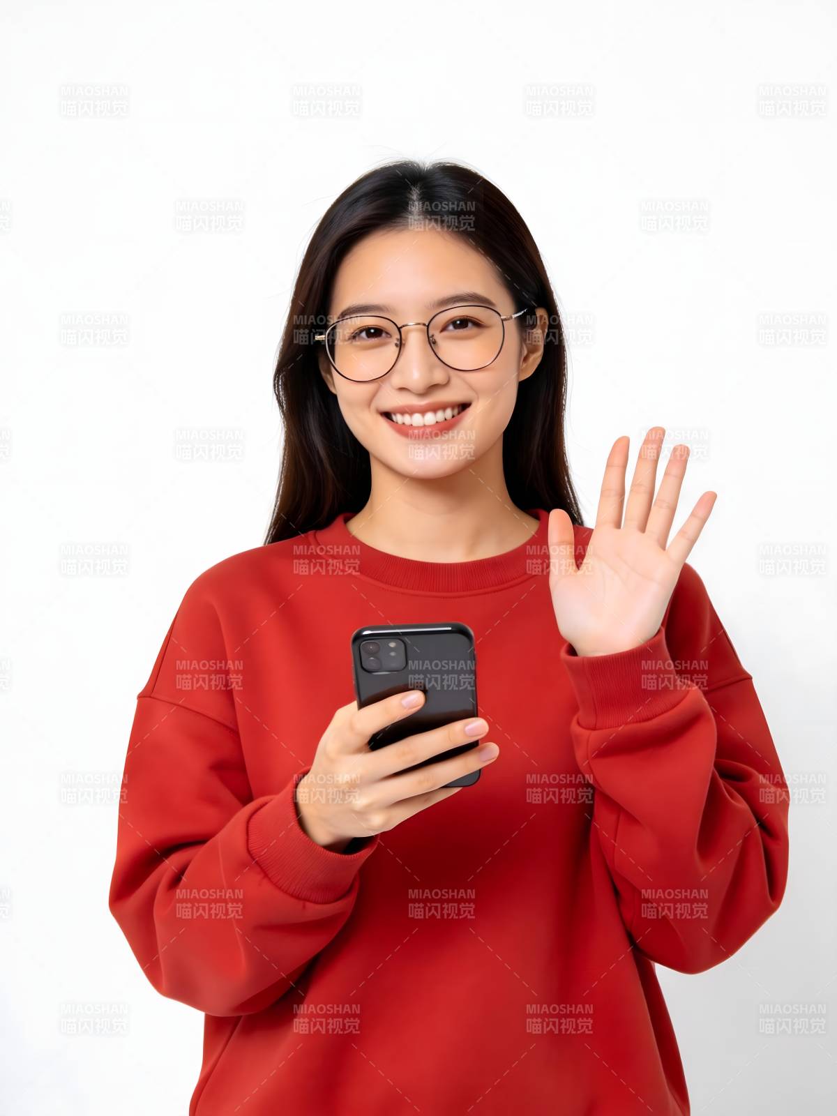 红衣女孩挥手打招呼图片