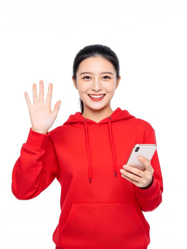 红衣女孩挥手持手机微笑图片