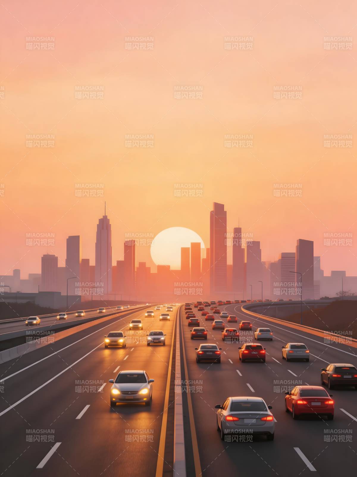 夕阳下的城市高速车流图片