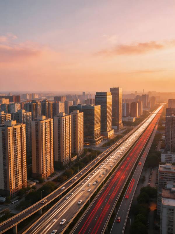 夕阳下的城市高速流光图片
