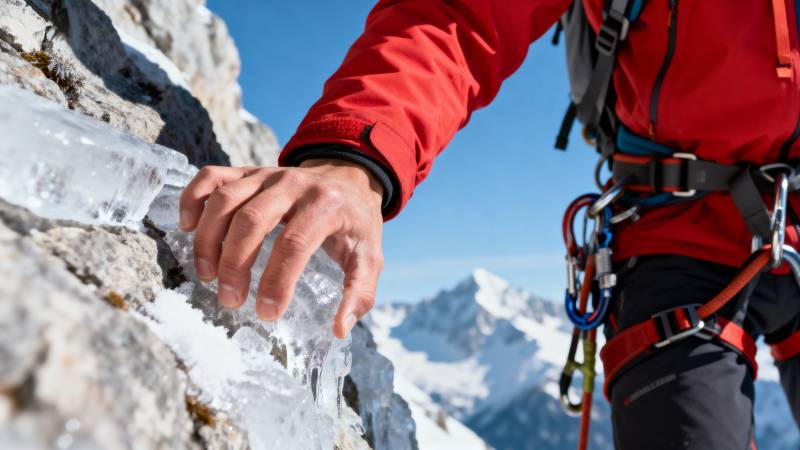 登山者凿冰取水图片