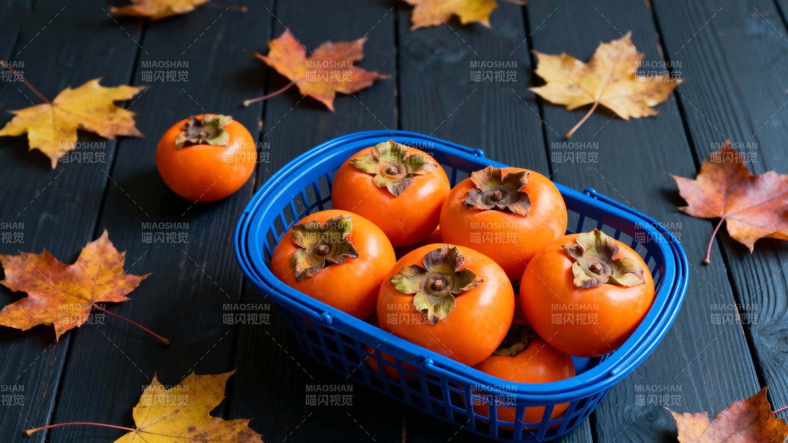 秋柿满篮 落叶相伴图片