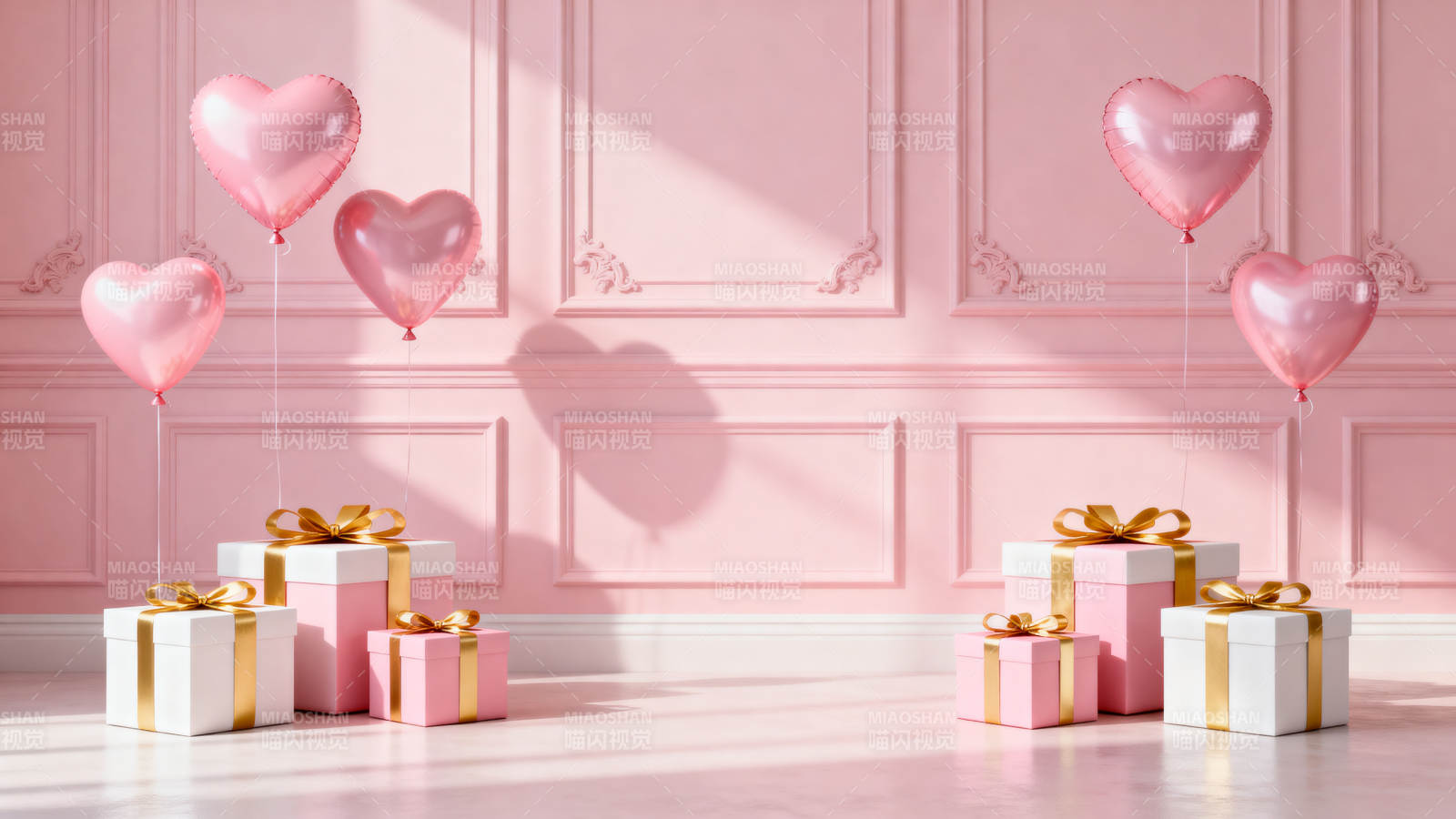 粉色心气球与礼盒浪漫场景图片