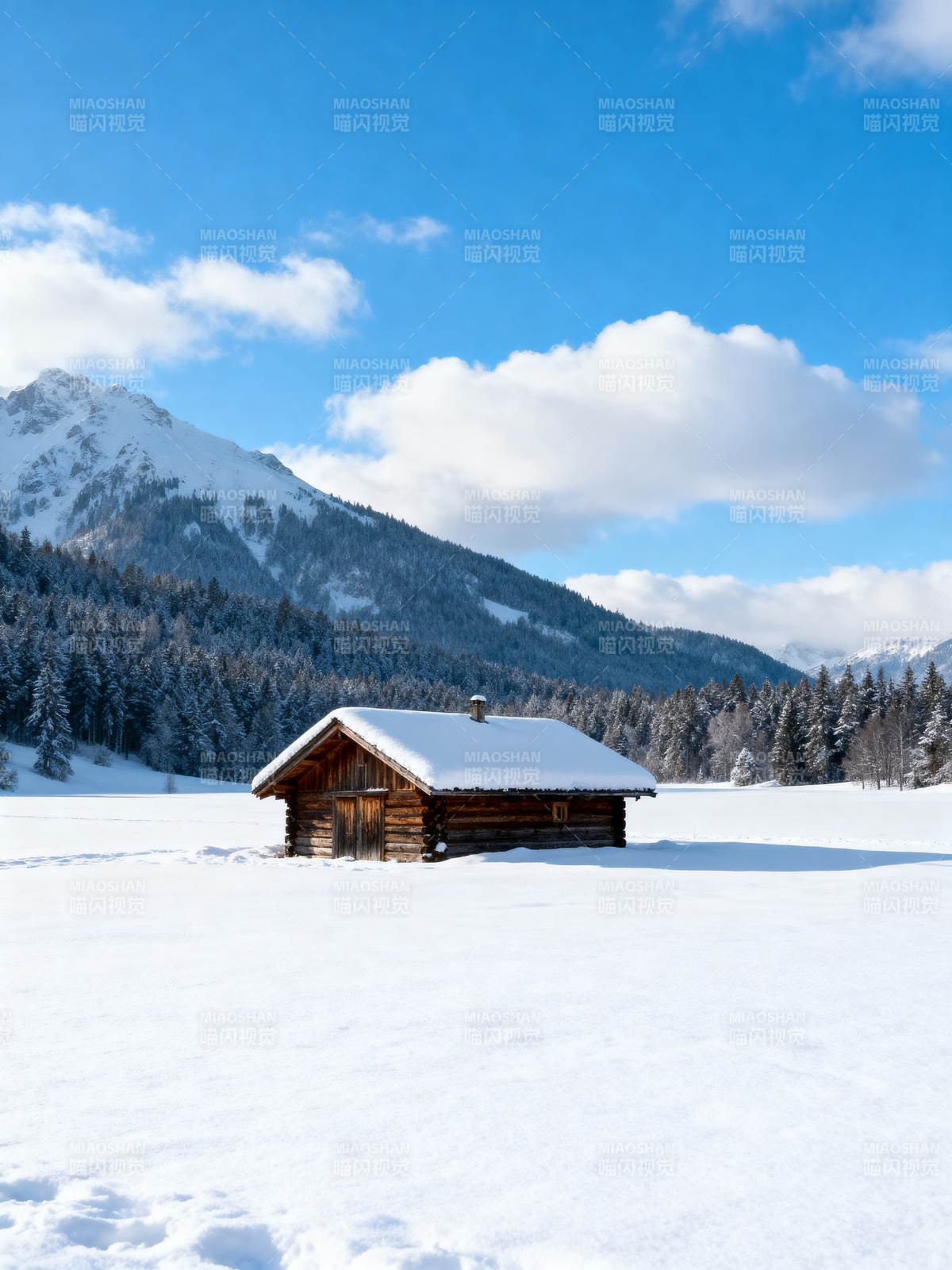 雪中小木屋 山静云悠远图片