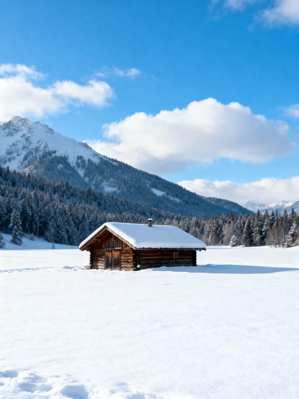 雪中小木屋 山静云悠远图片
