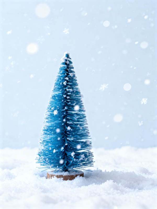 雪中蓝圣诞树 静谧冬日景图片