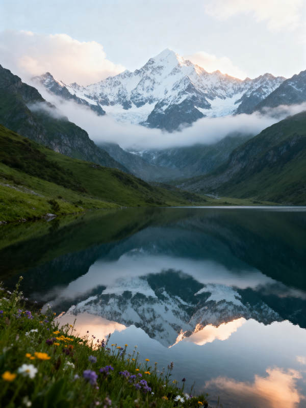 雪山映湖 花影如画图片