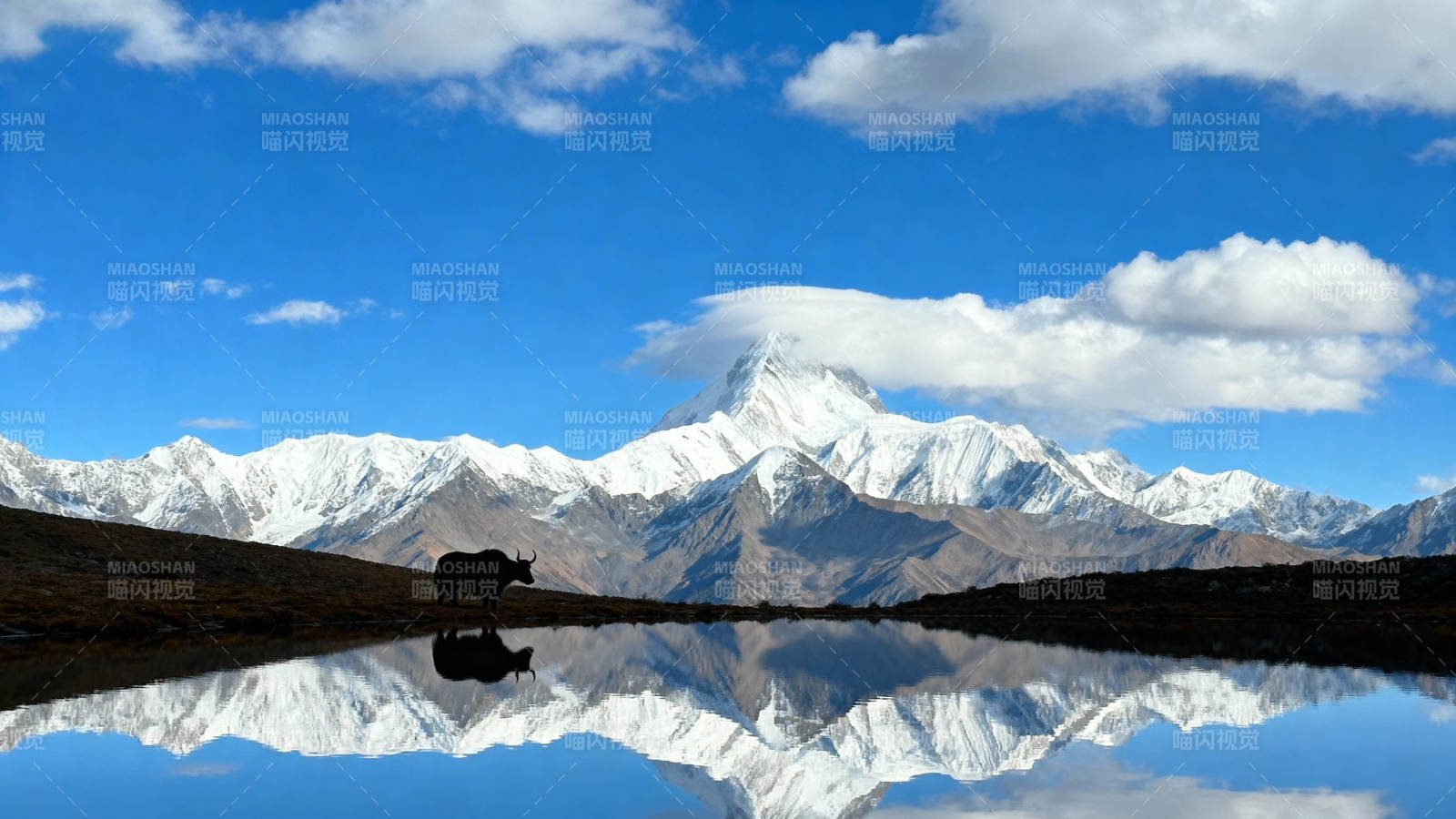 雪山倒影 牦牛静立湖畔图片