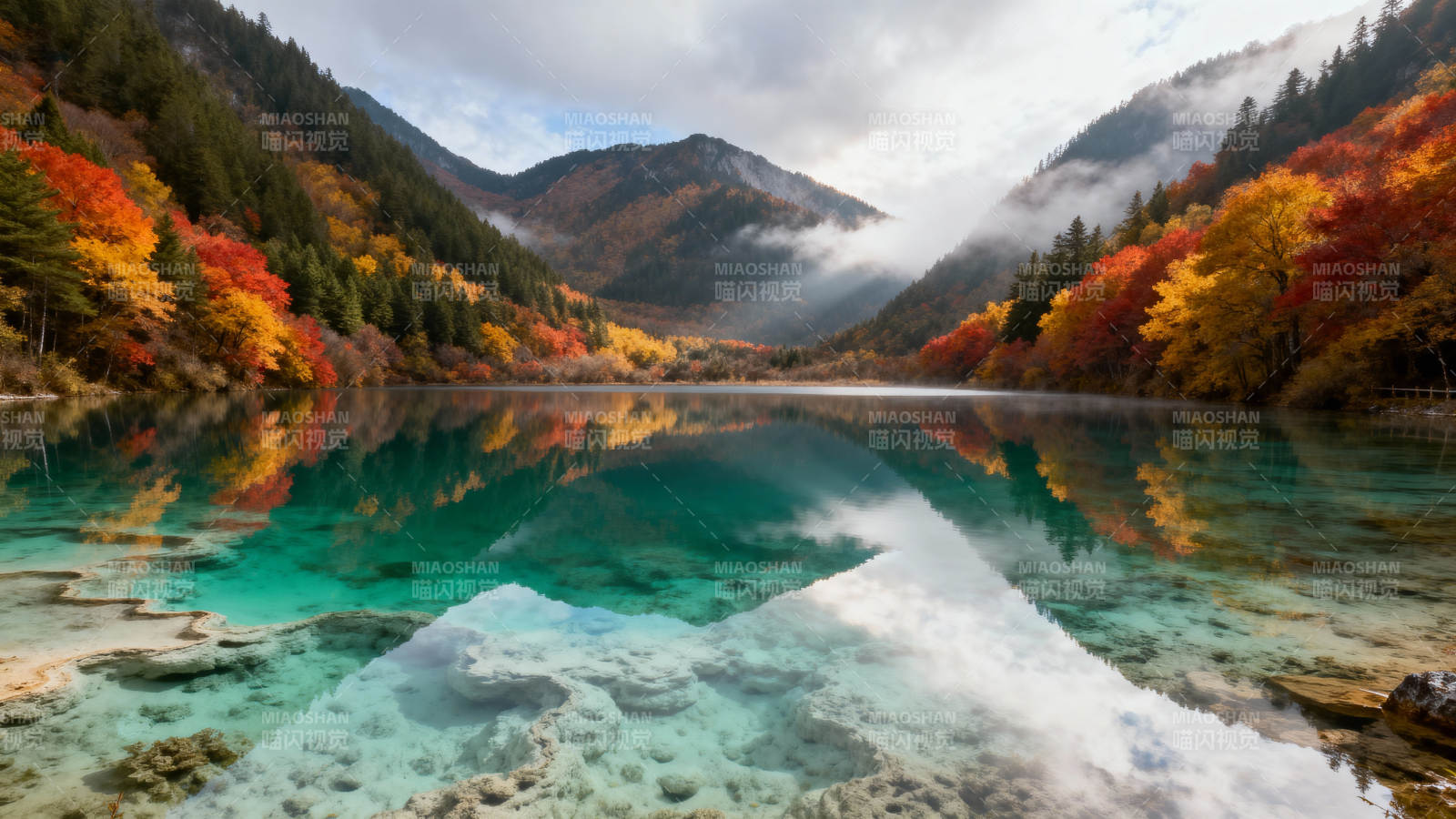 秋湖映山 彩林倒影如画图片