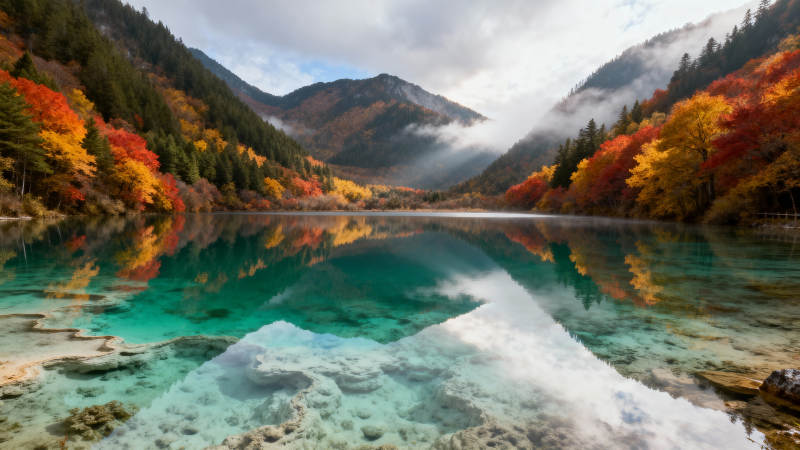 秋湖映山 彩林倒影如画图片