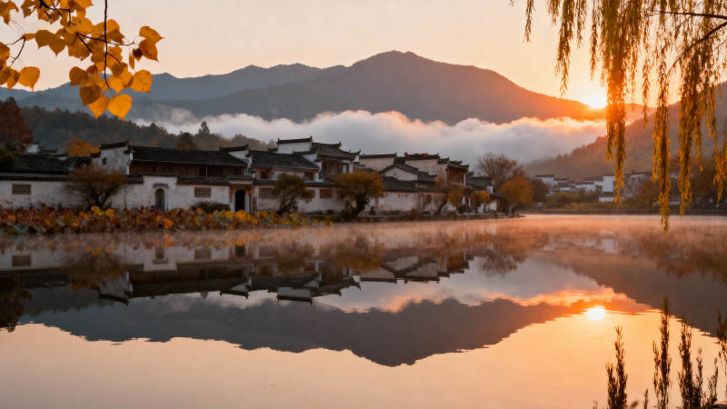 晨雾古村 山水倒影如画图片