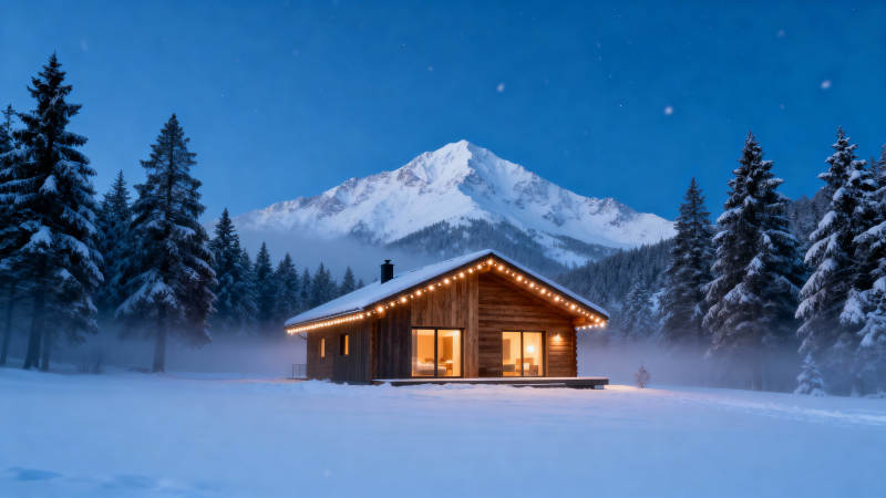 雪夜木屋 暖光映雪山图片