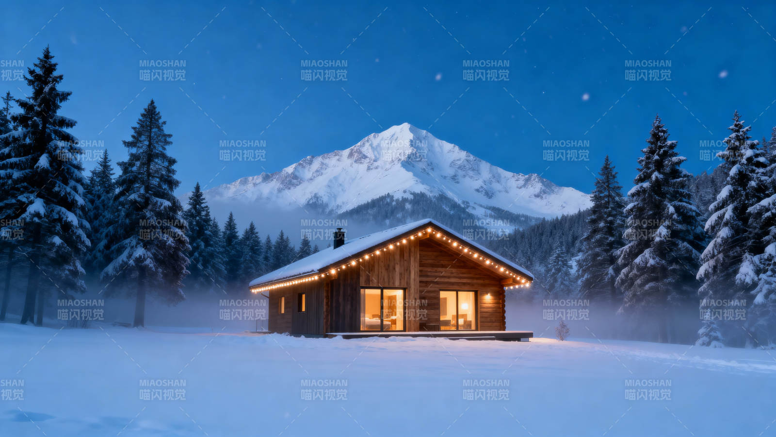 雪夜木屋 暖光映雪山图片