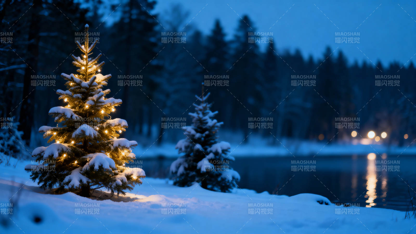 雪夜湖畔 灯暖松枝静图片