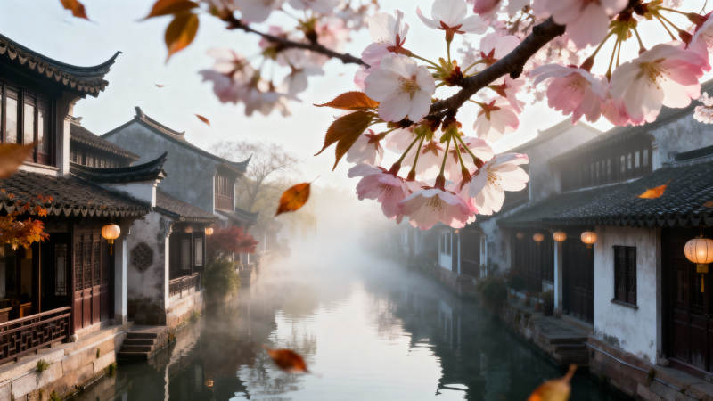 樱花古巷 水乡晨雾图片