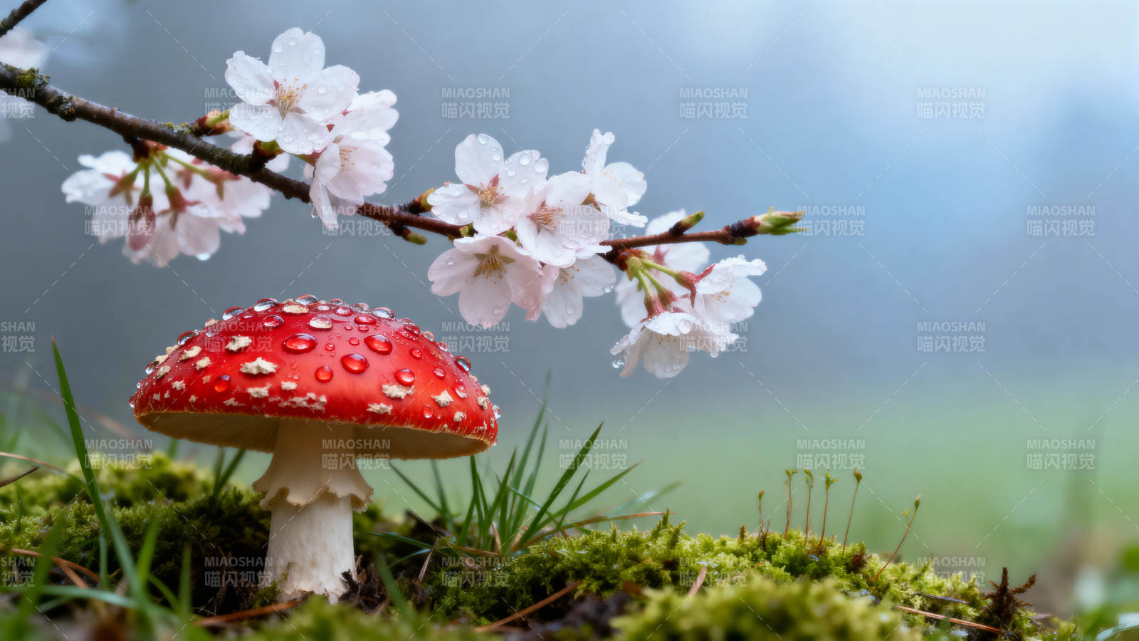 樱花下的红蘑菇图片