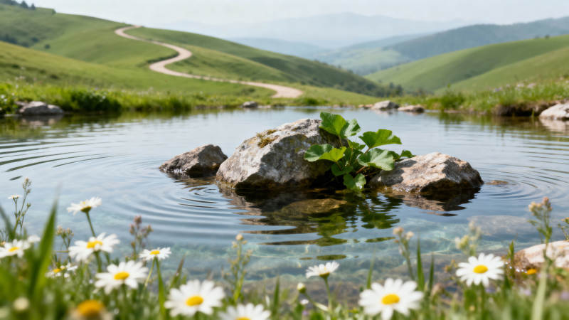 山涧清泉 雏菊伴石静流图片