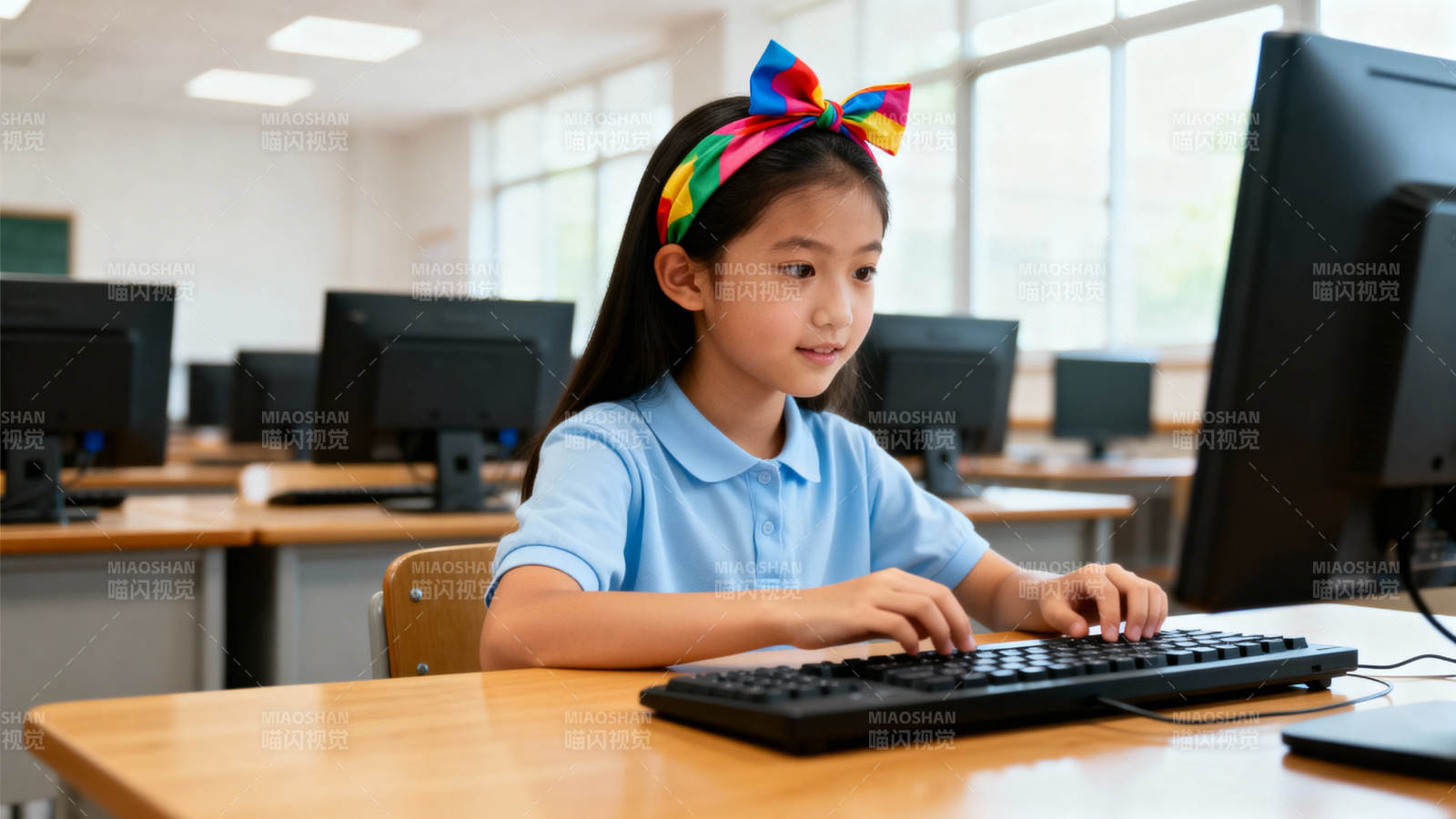小女孩专注敲键盘学电脑图片