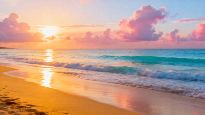夕阳金沙滩 海浪吻霞光图片