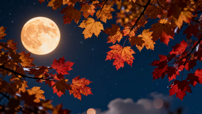秋夜月圆 枫叶映辉图片