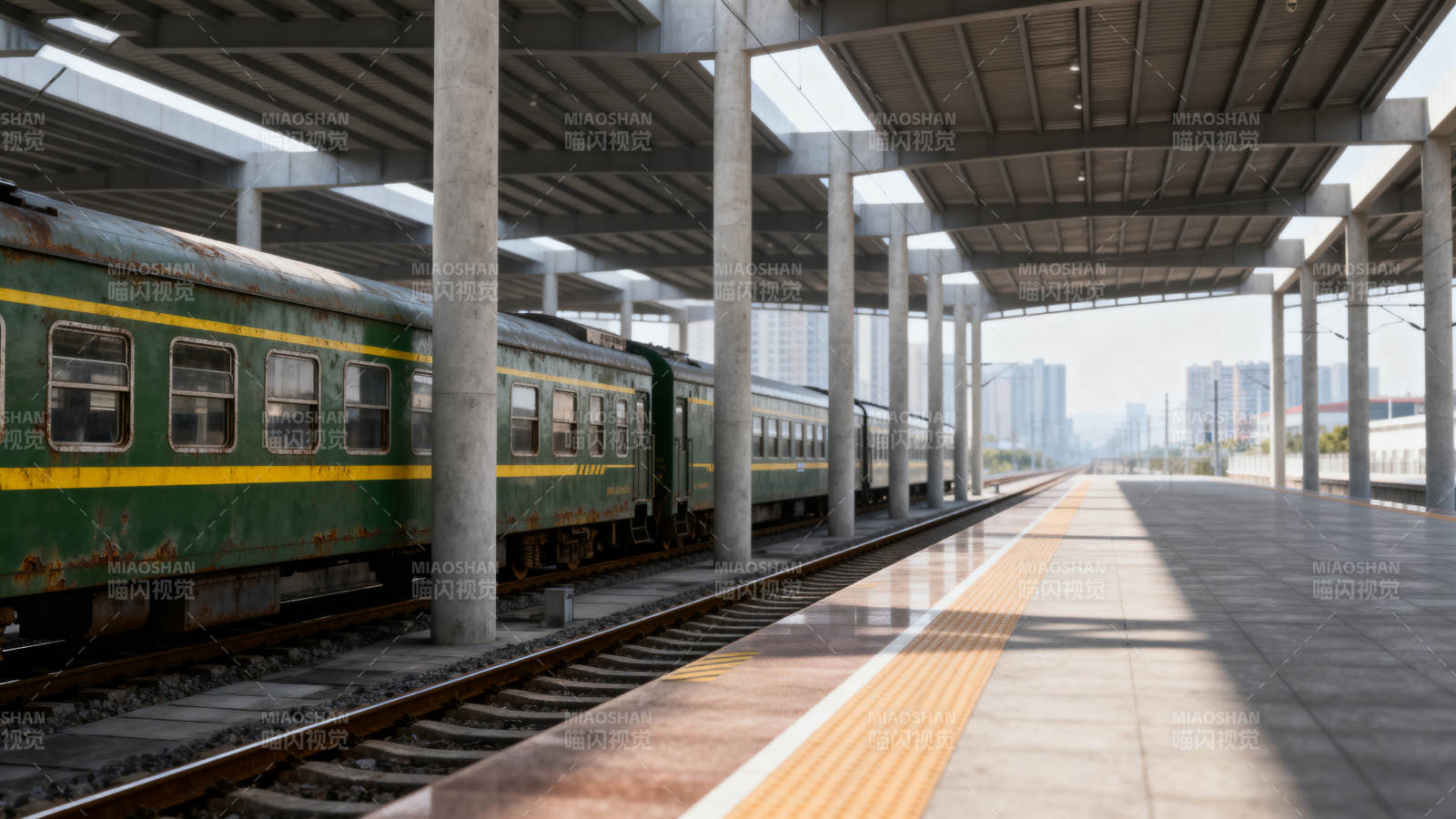 绿皮车停站台 城市远景朦胧图片