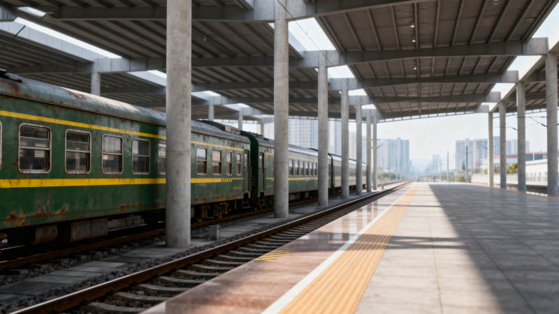 绿皮车停站台 城市远景朦胧图片