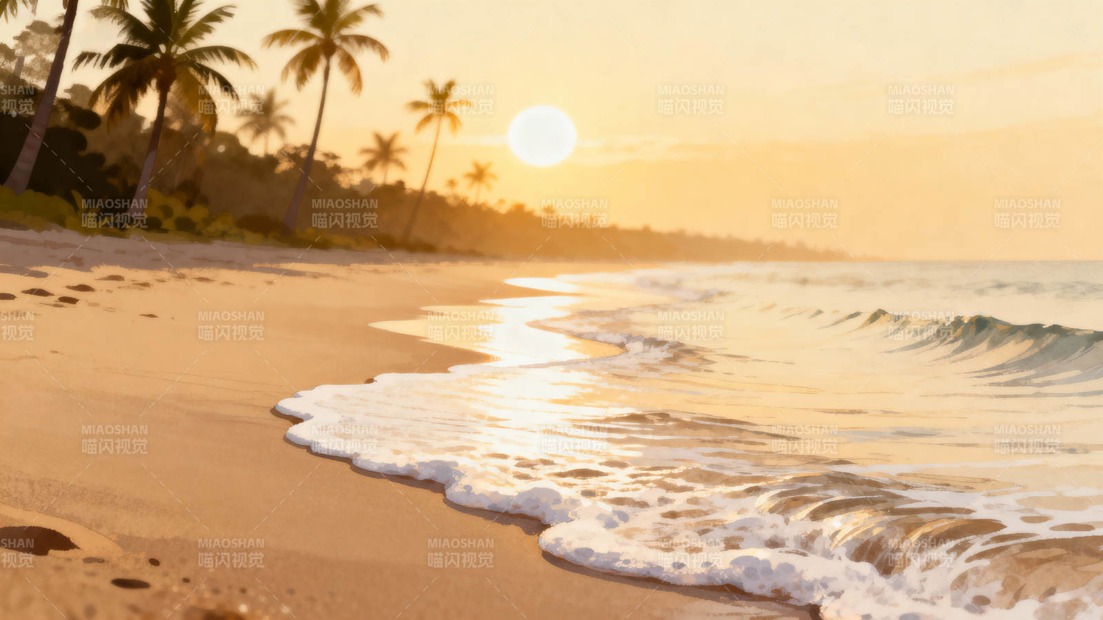 夕阳椰影 海浪轻吻沙滩图片