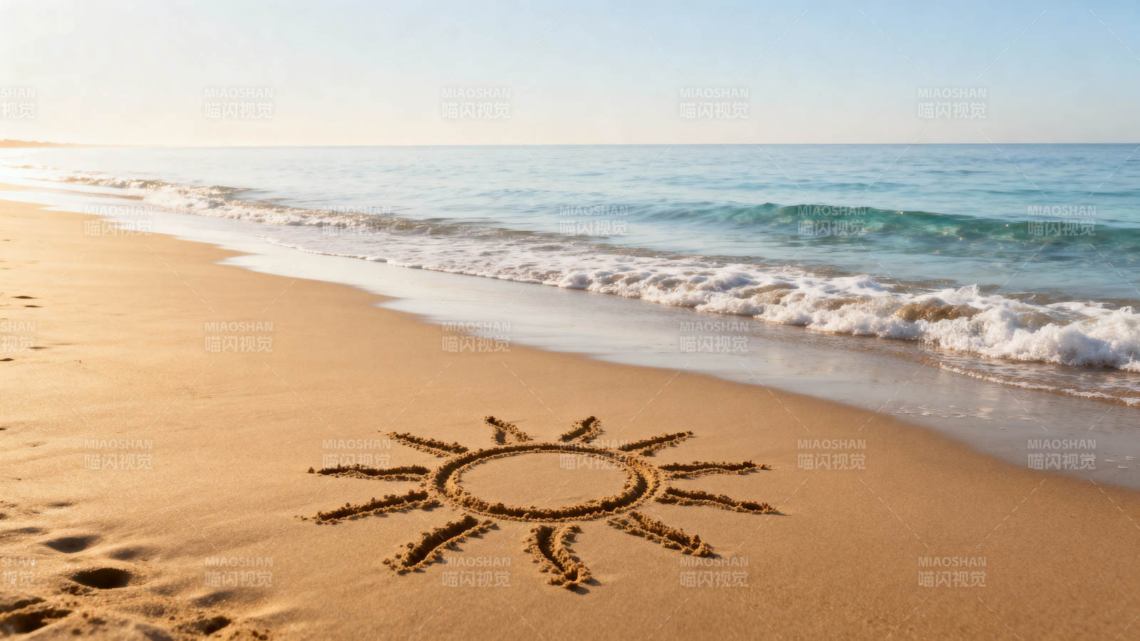 沙滩画太阳 海浪轻抚岸图片
