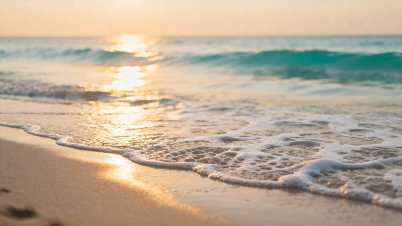 夕阳海浪轻抚沙滩图片