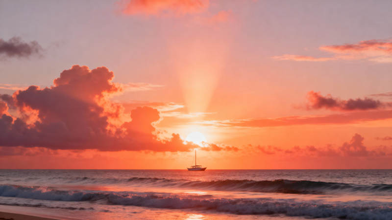 夕阳海面 孤帆剪影美如画图片
