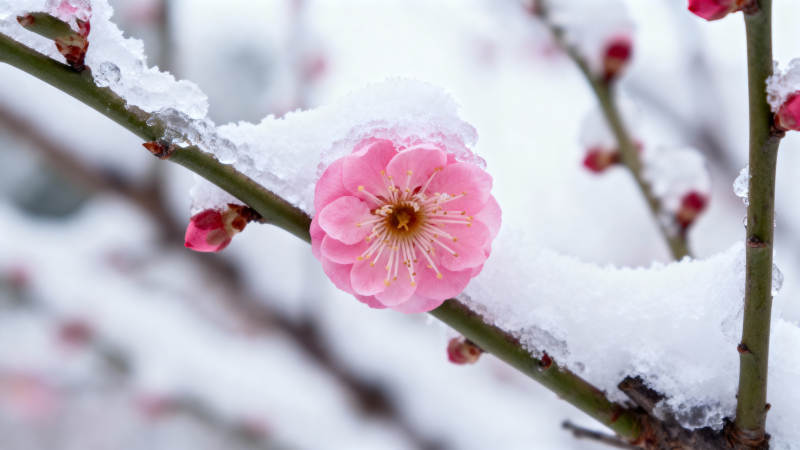 雪中粉梅傲然绽放图片